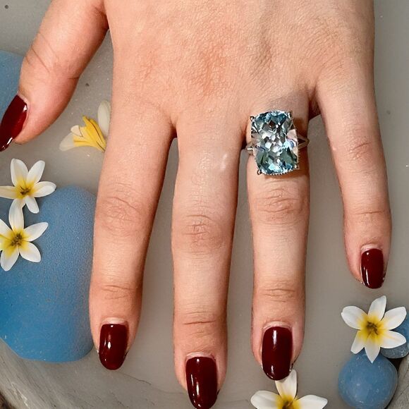 Natural Solitaire Blue Topaz Ring 6.5 14k WG 19.58 Cts Certified $3,950 310546 - Picture 4 of 16